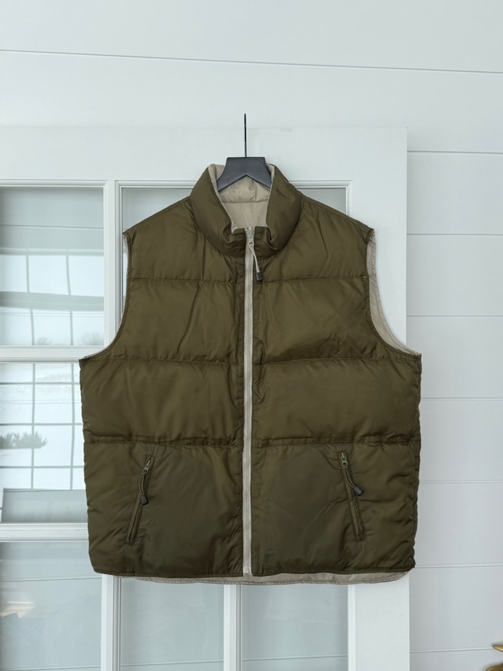 Men's Reversible Olive Green and Tan Puffer Vest